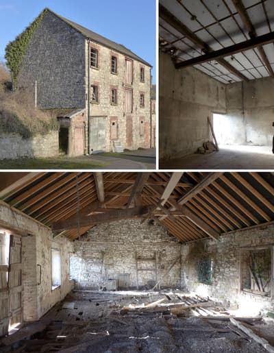 Architectural project - stone facade, DIY project, metal frames, exposed stone, stone walls, barn conversion, countryside style, sustainable potential, historic preservation, vintage charm, stone building, historical architecture, renovation project, barn house, raw materials, natural light, grey, neutral tones, exposed beams, industrial vibe, beige, brown, rural architecture, rustic vibe, timber beams, weathered wood, adaptive reuse, unfinished interior, light filled, indoor outdoor, open interior, wooden roof, rural setting, heritage building, textured walls, grey stone, barn style, countryside retreat, spacious interior, rustic exterior, wooden structure, industrial space, vaulted ceiling