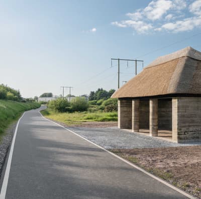 Architectural project - quiet spot, straw, rural landscape, muted colors, shaded area, natural harmony, environmental integration, unobtrusive design, natural materials, eco-friendly design, sustainable materials, wood, outdoor space, natural tones, grey, beige, brown, concrete, open structure, architectural simplicity, earthy tones, rustic design, countryside architecture, traditional design, serene setting, rustic shelter, peaceful vibe, pastoral scene
