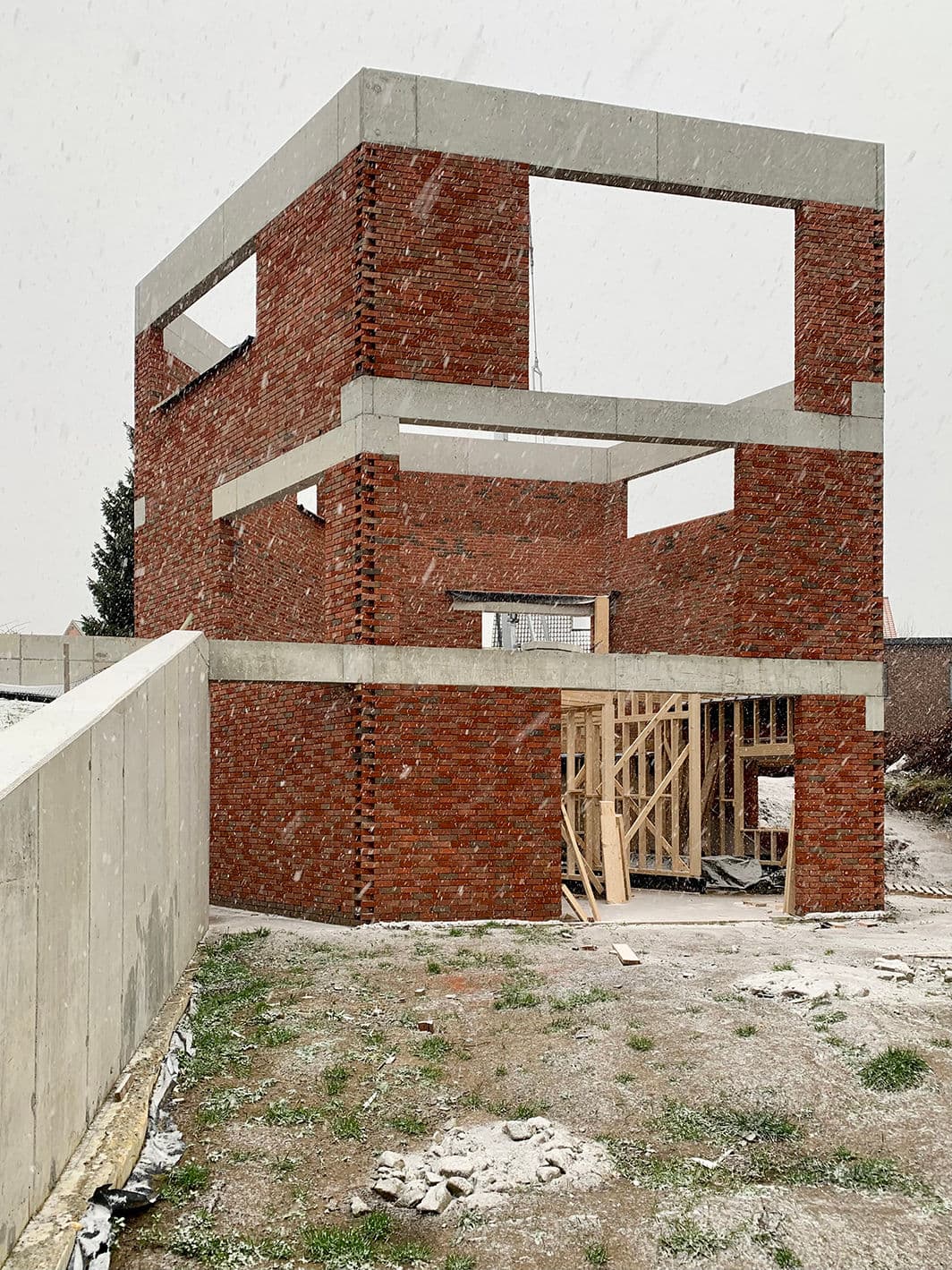Architectural project - raw textures, rugged landscape, brickwork, exposed brick, concrete frame, architectural concept, timber framework, eco design, sustainable construction, exposed structure, neutral tones, construction site, modern construction, plywood, outdoor construction, urban environment, construction process, brown, concrete, unfinished structure, industrial style, timber supports, natural setting, wooden beams, minimalist design, low carbon construction, prefab elements, passive house, earthy tones, brick, brick facade, red brick, modern style, building project, geometric form, red, structural grid