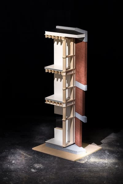 Architectural project - brick wall, masonry wall, sustainable materials, wood, timber, timber frame, warm tones, modular design, exposed structure, neutral tones, exposed beams, modern construction, plywood, construction materials, concrete, building design, plywood panels, eco construction, structural detail, construction detail, building materials, wood frame, concrete base, brick, building section