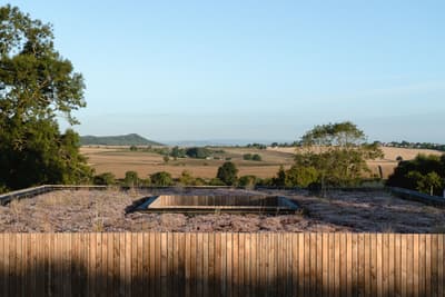 Architectural project - sustainability, rural landscape, open sky, countryside charm, horizon view, roof garden, eco roof, wooden fence, timber fence, wood barrier, distant hills, meadow views, pastoral beauty, morning light, scenic beauty, native vegetation, ecosystem integration, natural materials, eco-friendly design, wood, timber, outdoor space, warm sunlight, passive design, sustainable design, green, neutral tones, landscape architecture, brown, natural setting, serene atmosphere, circular design, earth tones, scenic view, countryside view, panoramic view, environmental design, tranquil vibe, rural setting, landscape design, nature integration, green roof, organic textures, outdoor relaxation