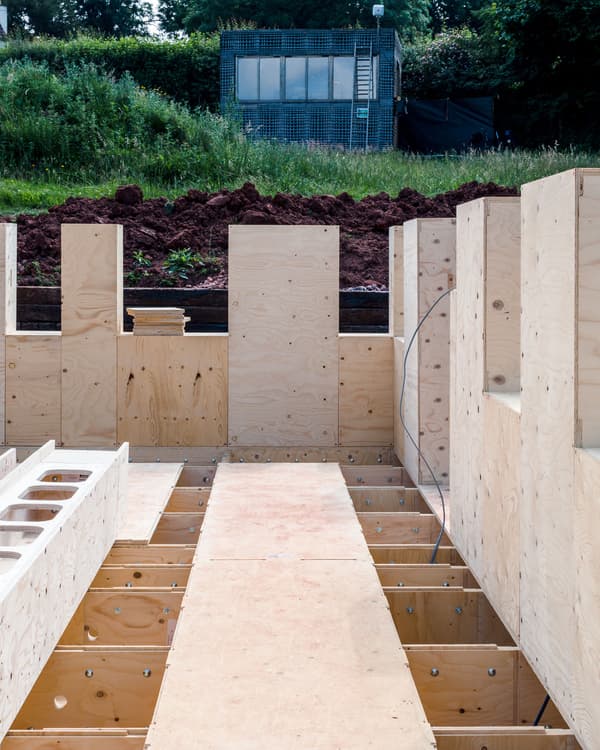 Architectural project - plywood walls, open sky, rural site, CLT walls, framework, exterior perspective, building progress, natural materials, raw materials, timber frame, modular construction, prefabricated building, eco design, green building, contemporary architecture, construction phase, construction site, modern construction, site work, plywood, outdoor construction, construction project, building site, beige, brown, light wood, natural wood, engineered wood, timber construction, honey wood, wood construction, sustainable building, cross laminated timber, groundwork, green architecture, earthworks, green setting, passive house, landscape integration, earthy tones, structural elements, building development